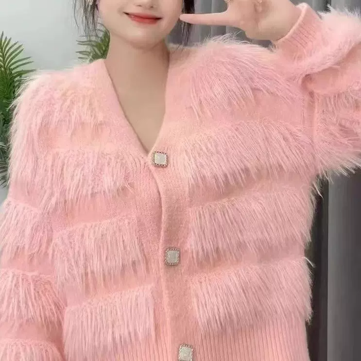 加厚毛衣女秋冬仿水貂绒2025新款针织开衫V领宽松长袖上衣外套ins