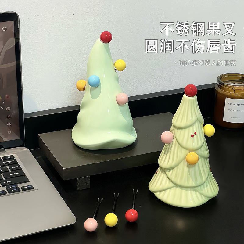 创意圣诞树果叉套装家用不锈钢叉水果签陶瓷收纳罐高颜值装饰摆件|undefined