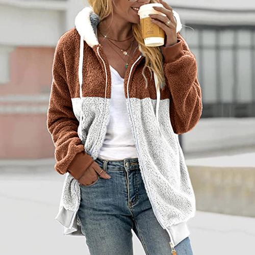 Wish Independence Station 2026 autumn and winter new loose color-matching plush zipper hooded coat for women's clothing