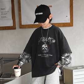 男童长袖t恤春秋款中大儿童装痞帅街舞假两件上衣男孩宽松秋装潮t