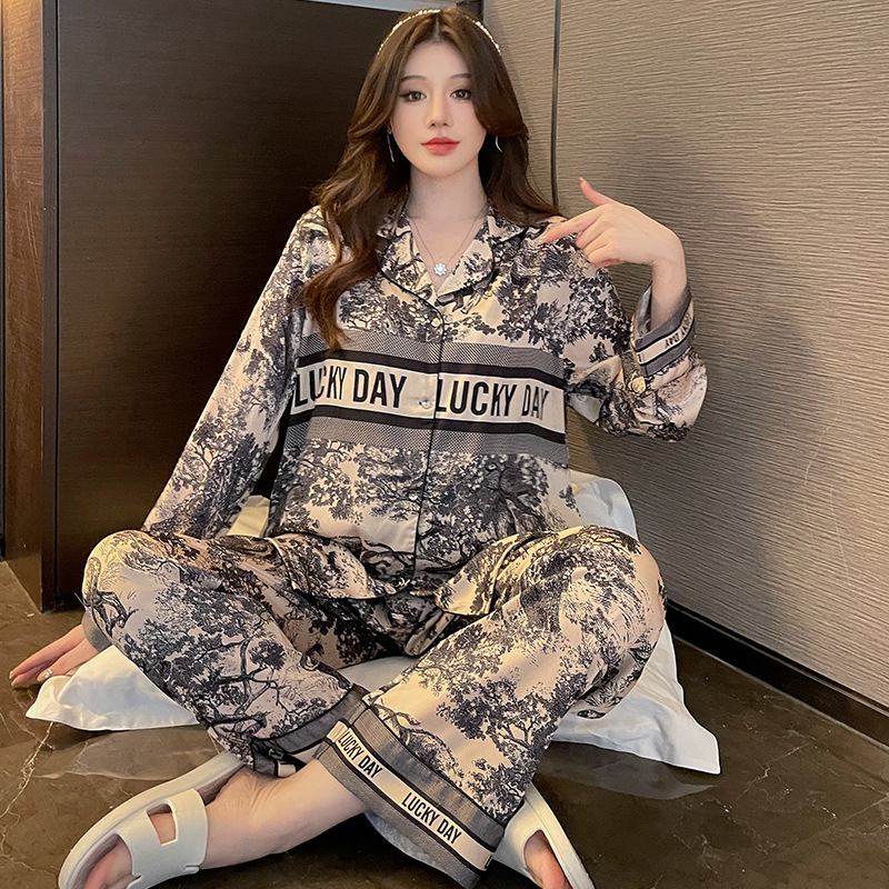 Jungle secret Spring and Autumn New Ice Silk pajamas women's ink painting long-sleeved trousers high-grade elegant comfortable home wear