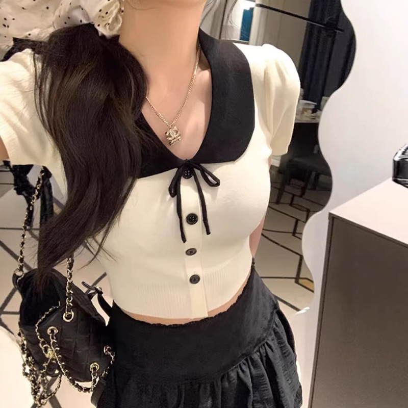 Tea-Colored Doll Collar Puff Short-Sleeve T-Shirt for Women, 2026 New Summer Short Chic and Stunning Top Knitwear