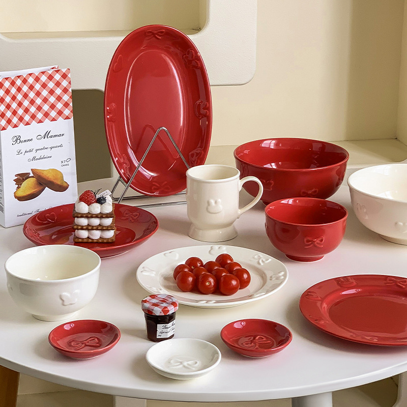 Embossed Bow Rice Bowl Cream Style Ceramic Small Bowl Household Tableware Combination Set Rice Bowl Dish Plate Embossed Bow Rice Bowl Cream Style Ceramic Small Bowl Household Tableware Combination Set Rice Bowl Dish Plate