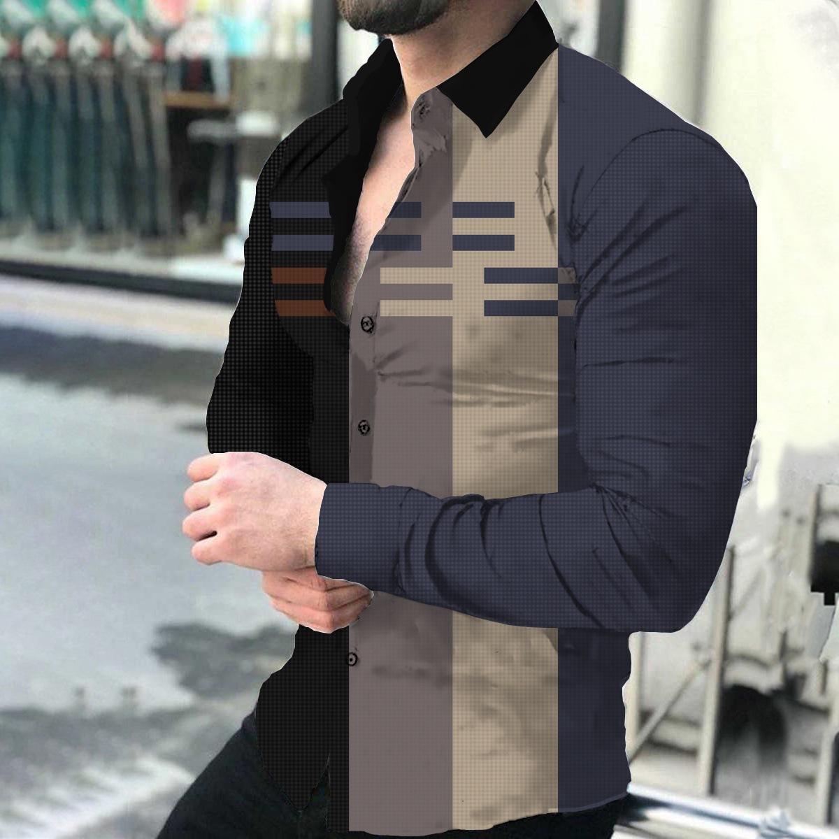 Ropa de hombre europea y americana de comercio exterior nueva personalidad casual de otoño camisa impresa de manga larga de los hombres de moda más camisa de tamaño