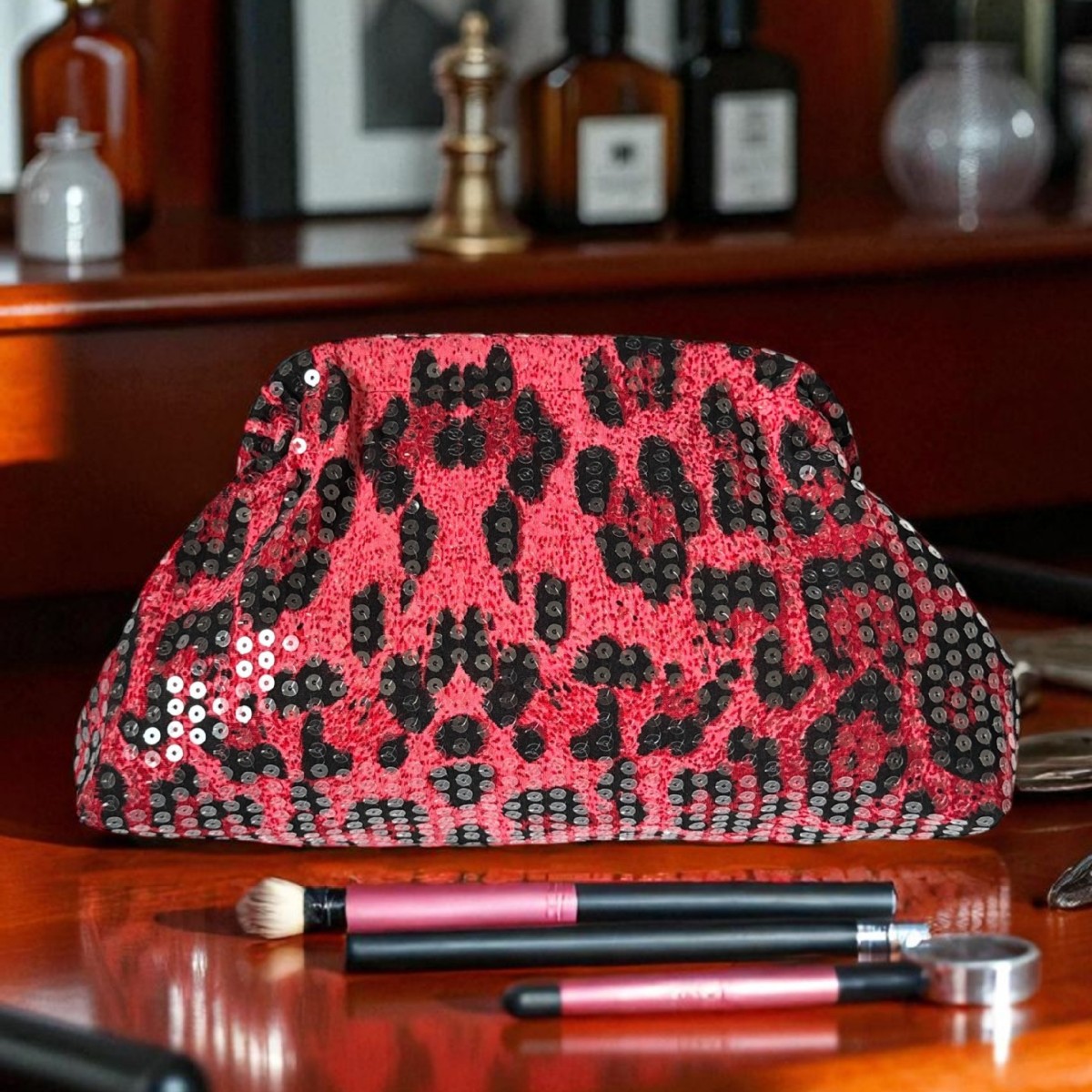 Women's Sequined Leopard Print Fuchsia Evening Bag Style Clutch Makeup Bag Prom Accessory_voghion.com