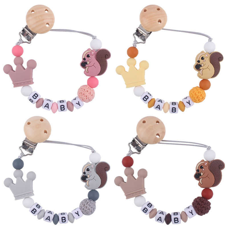 Nuevo bebé de dibujos animados animal ardilla pequeña mordedor creativo bebé DIY mordedura molar Cadena de pezón cadena anti-caída