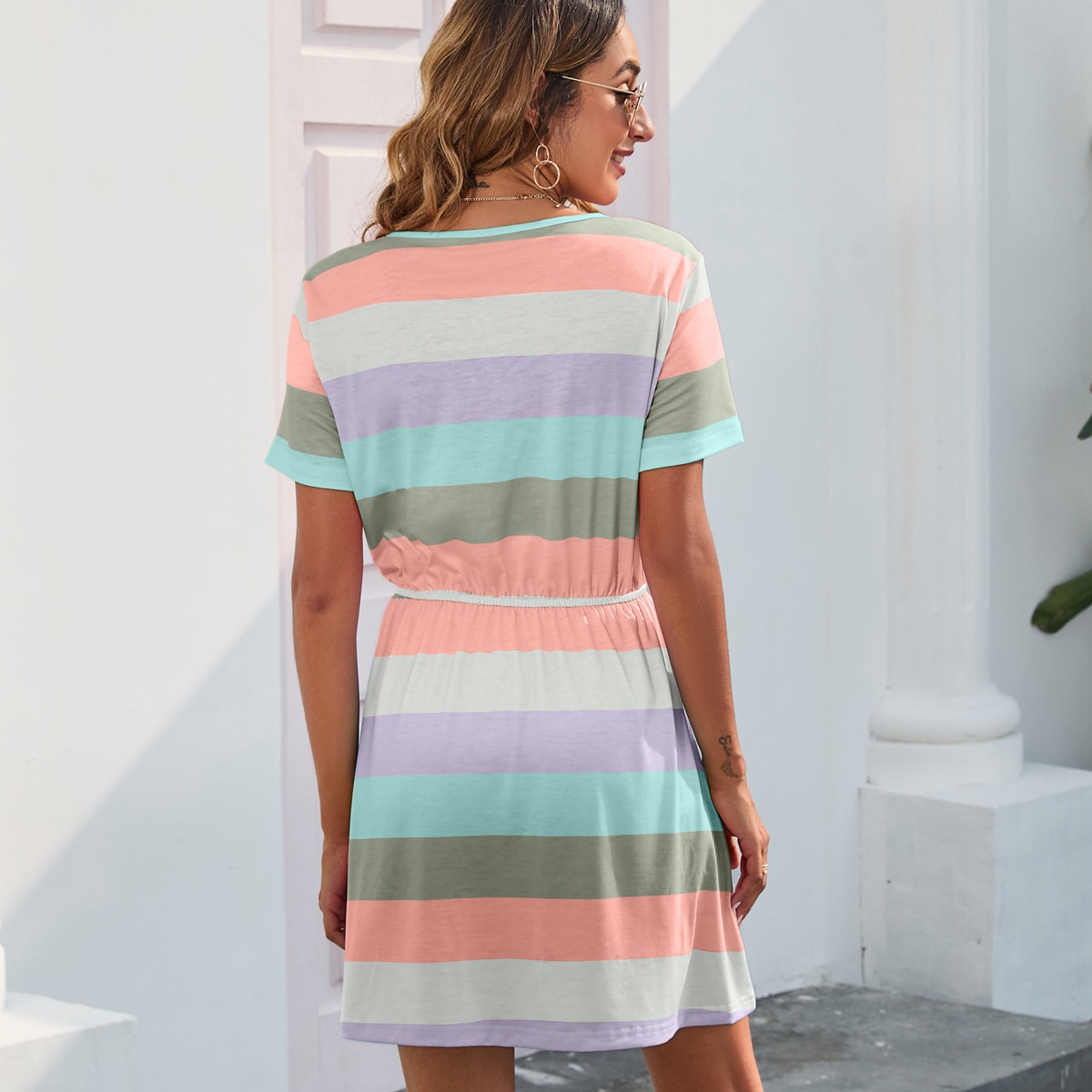 Women Round Neck Striped Printed Jumpsuit Short Sleeve Pajamas Casual Dress