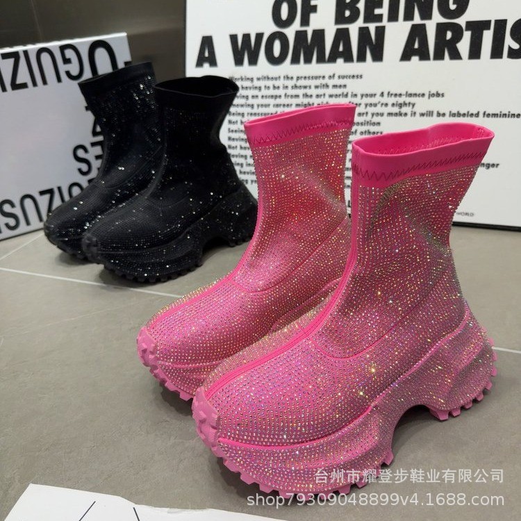 厚底弹力袜子靴女2025新款夏季内增高马丁靴女鞋薄款透气松糕短靴