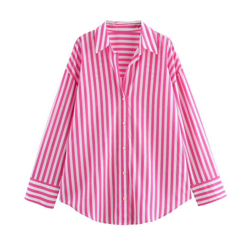 Foreign Trade Wholesale Spring New Women's Clothing European and American Style Versatile Striped Lapel Single-Breasted Long-Sleeved Loose Shirt