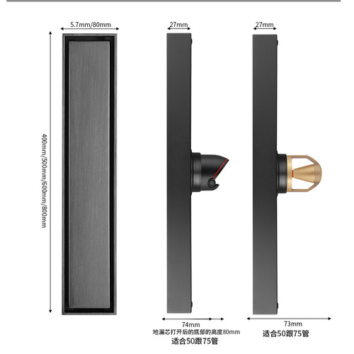 Long-barreled gray invisible anti-odor floor drain for kitchen and bathroom, 304 stainless steel hidden side discharge floor drain