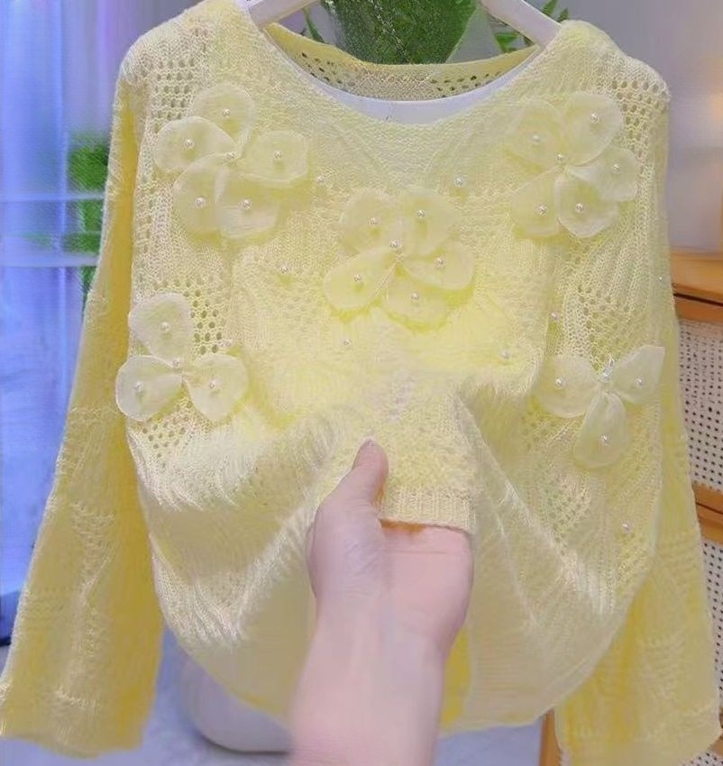 Yellow Floral Beaded Hollow Semi-Sheer Knit Sweater with a Spring and Autumn Vibe, Fashionable Versatile Soft Lazy Style Sweater for Women