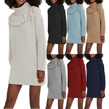 欧美外贸秋冬针织新款流苏斗亚马逊高领流苏连衣裙跨境中长款毛衣