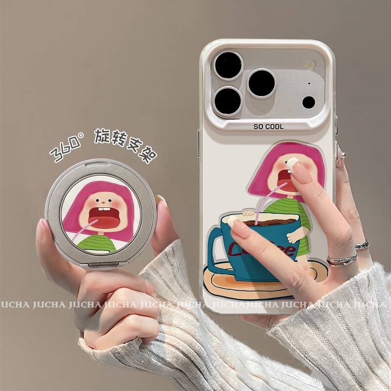 Suitable for iPhone 17 Pro phone case, creative Apple 16 Pro full-cover case with stand, iPhone 15, girl drinking coffee Suitable for iPhone 17 Pro phone case, creative Apple 16 Pro full-cover case with stand, iPhone 15, girl drinking coffee