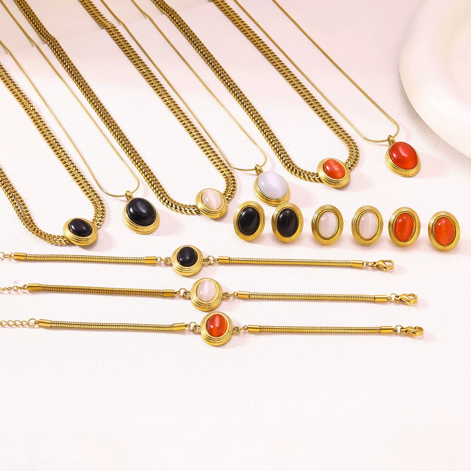 精美金色不锈钢圆形宝石项链手链耳钉套装时尚优雅女配饰热销货源