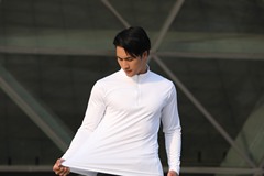 Stand collar half open chest zipper long sleeve tight fitness top men high collar spring and autumn running fitness sports long sleeve