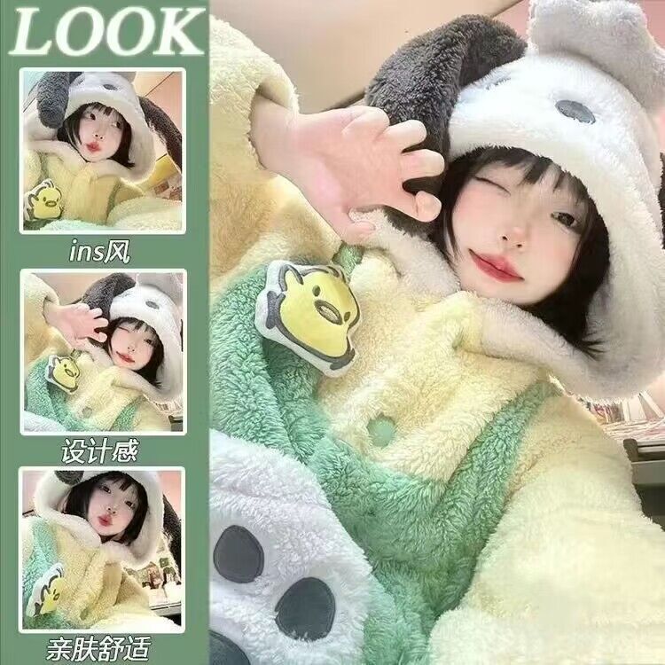 Autumn and Winter coral velvet meilti Internet celebrity style Pacha dog men's and women's pajamas nightgown bathrobe fleece-lined thickened homewear