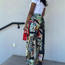 2024跨境女装欧美风印花高腰松紧拼布裤子女高街休闲印花高腰长裤