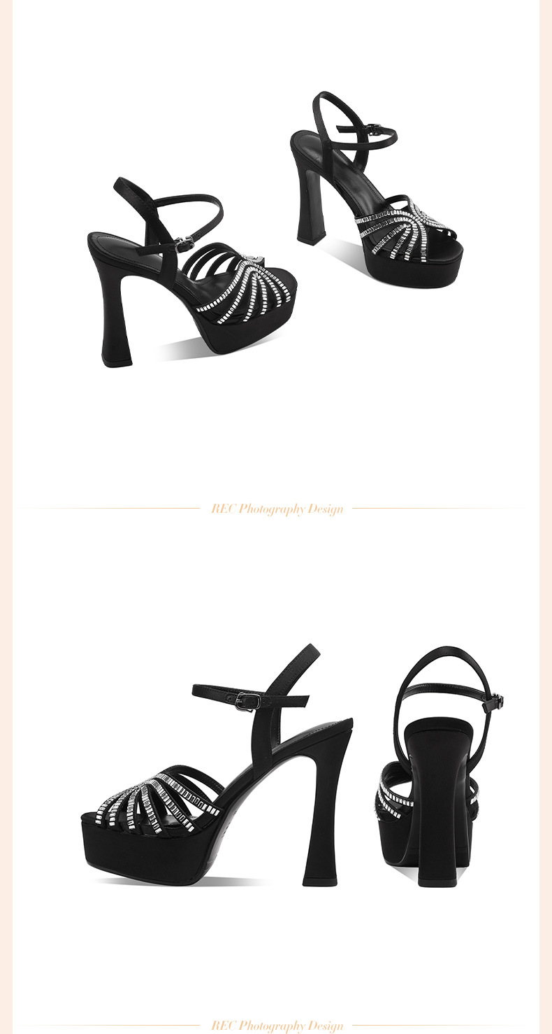 Sandal cao gót nữ hở mũi đính đá, gót vuông platform, da thật — Champagne màu chi tiết 12