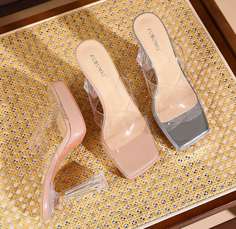 Sandal cao gót nữ quai chéo trong suốt, mũi vuông, đế platform, gót 11 cm — Bạc-11cm chi tiết 9