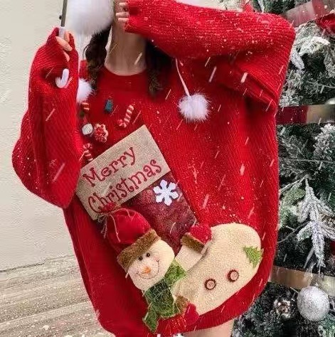 跨境宽松加厚圣诞毛衣圣诞袜雪人娃娃口袋装饰红色新年针织毛衣女