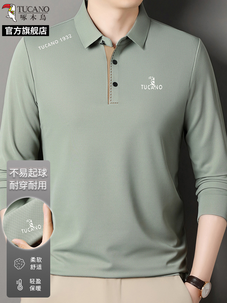 啄木鸟官方旗舰店长袖男士t恤2025新款春秋款POLO衫中年爸爸上衣