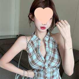 格子挂脖吊带背心女外穿夏季泰式小众甜辣妹v领抹胸上衣绝美衬衫