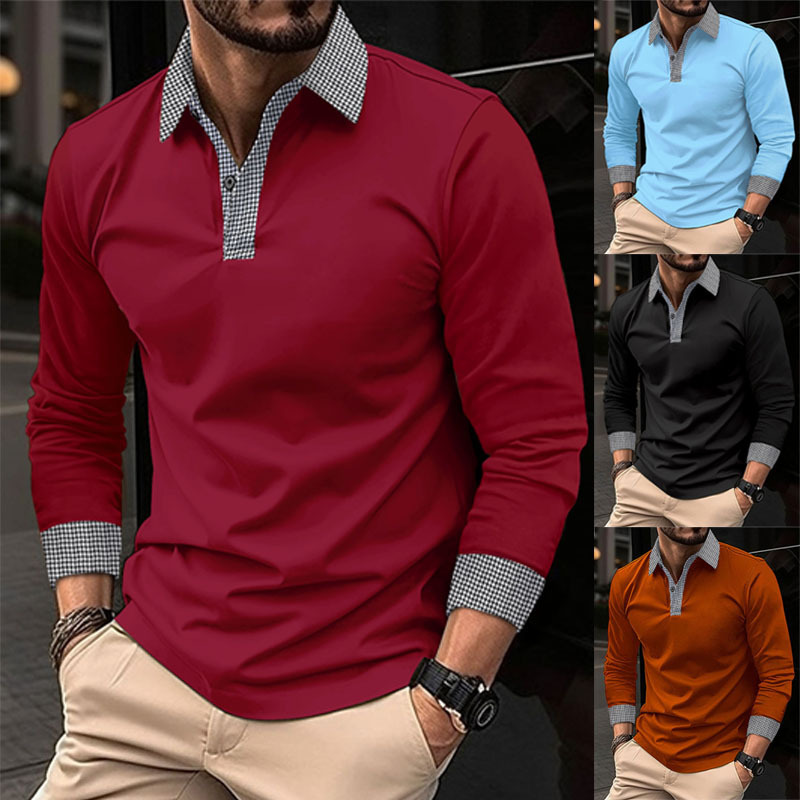 2023 new AliExpress Amazon European and American men's long-sleeved polo shirt spring and autumn contrast color printed casual polo shirt