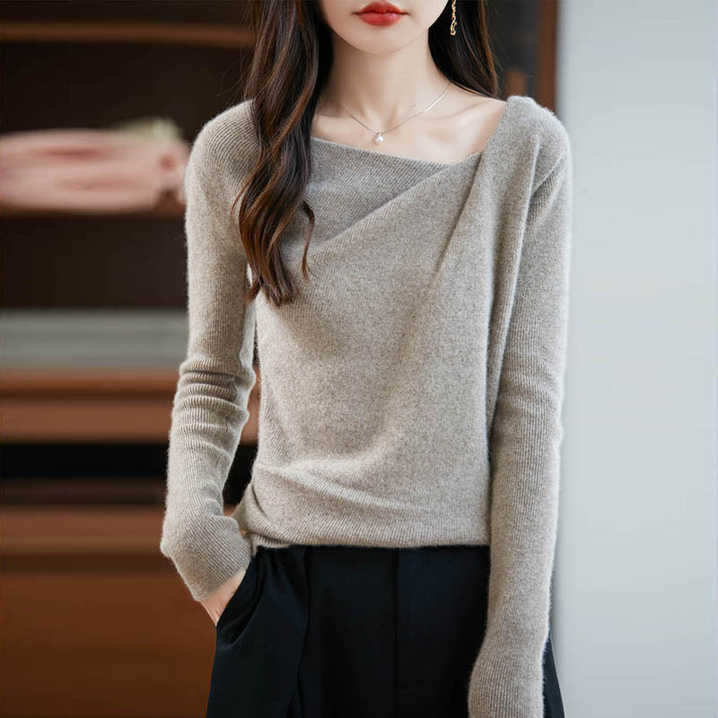 纯羊毛针织套头衫女式四平褶皱领内搭秋冬新款修身显瘦打底毛衣潮|undefined
