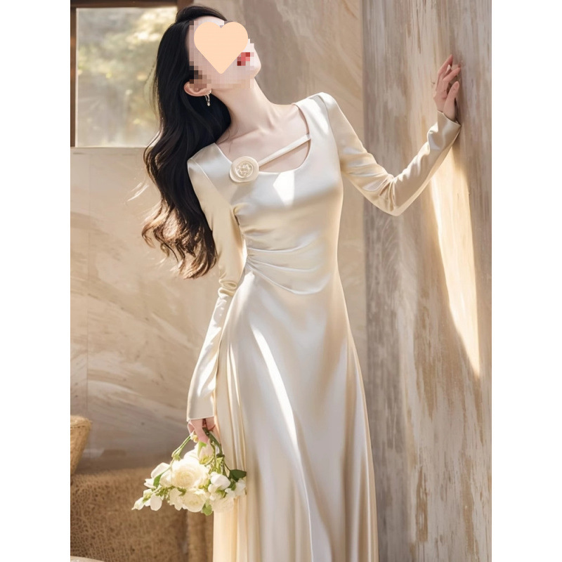 Elegant White Satin Dress for Formal Occasions, French-Style Chanel-Inspired Waist-Cinching Long Dress for Autumn Wear