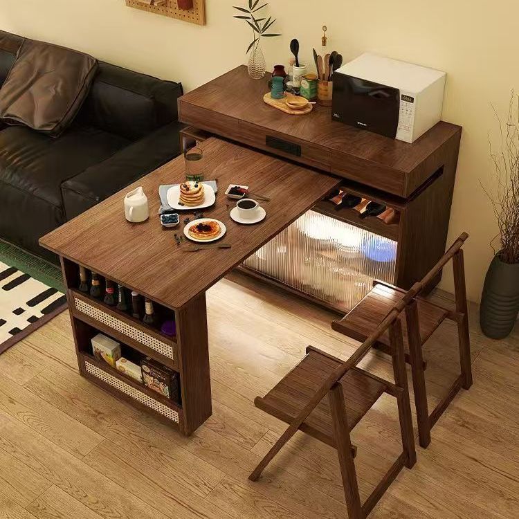 Solid Wood Rotating Island Dining Table Retractable Small Apartment All-In-One Home Multi-Functional Retro Style Bar Table All-In-One