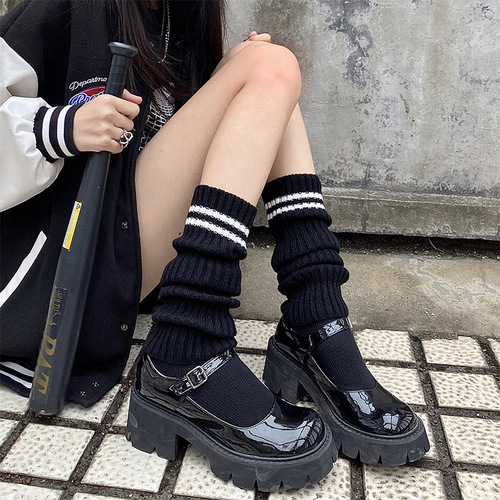 Lolita striped socks calf decorative long-tube warm sheath autumn and winter Y2K dress calf socks