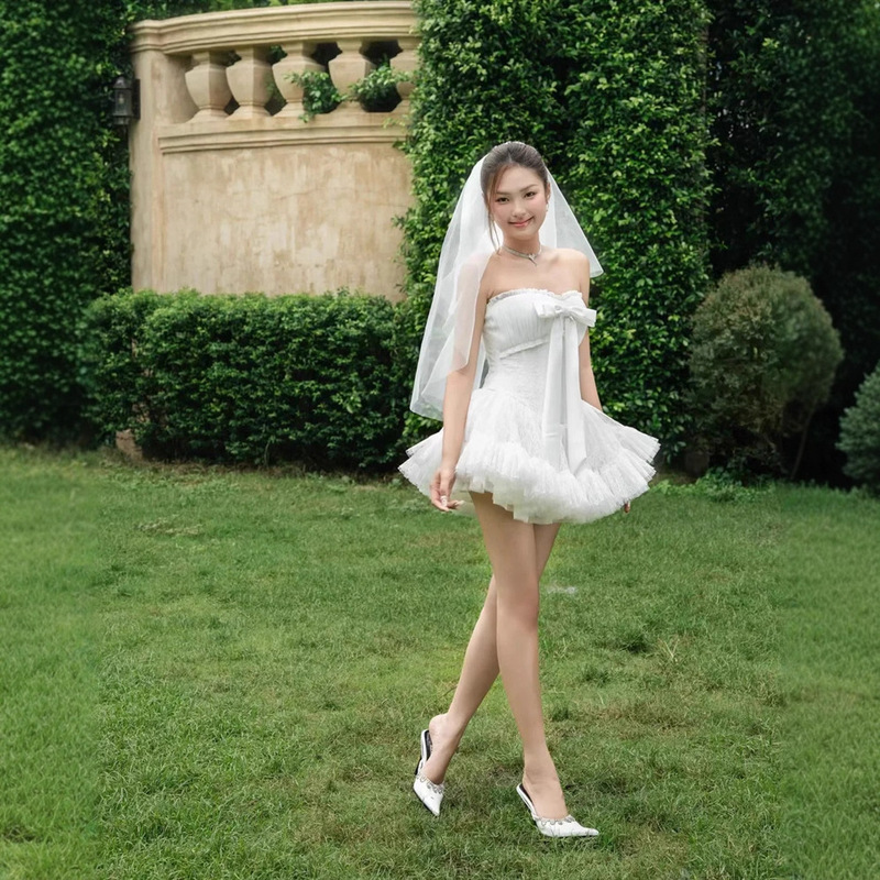 Vietnamese Designer's French-Style Exquisite Wedding Dress Party Gown with Bow, Strapless Dress 1210, Backless Slim Fit Vietnamese Designer's French-Style Exquisite Wedding Dress Party Gown with Bow, Strapless Dress 1210, Backless Slim Fit