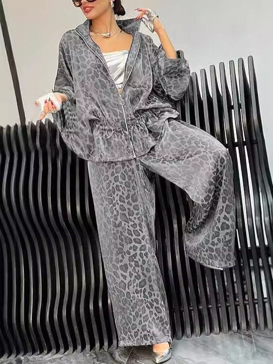 2025现货秋冬新款欧美跨境女式翻领腰部抽绳长袖豹纹休闲套装|undefined