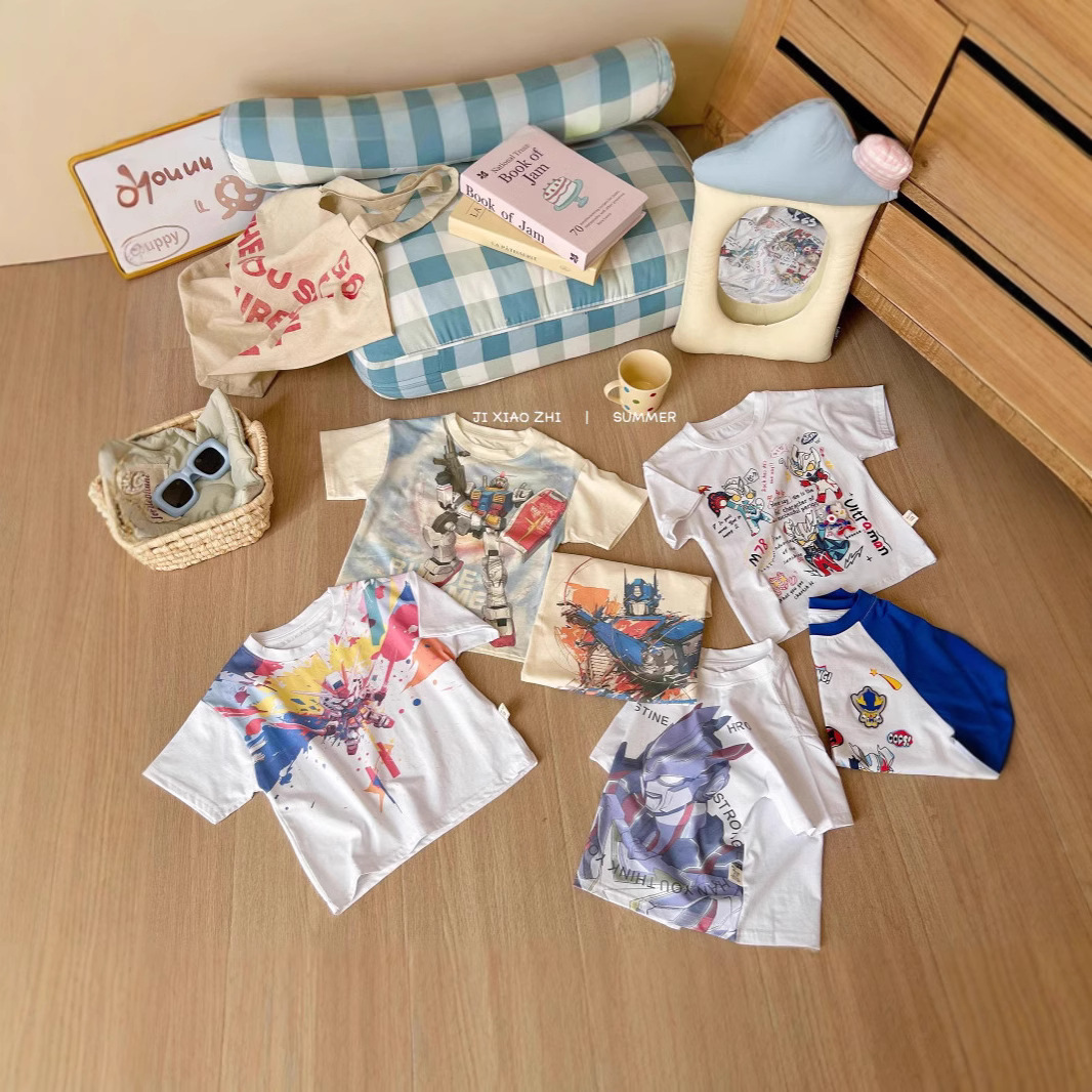 Size Roll 25 Summer Boys Short-sleeved T-shirt Breathable Soft Solid Color Robot Cartoon Printed Children's Half-sleeved Top