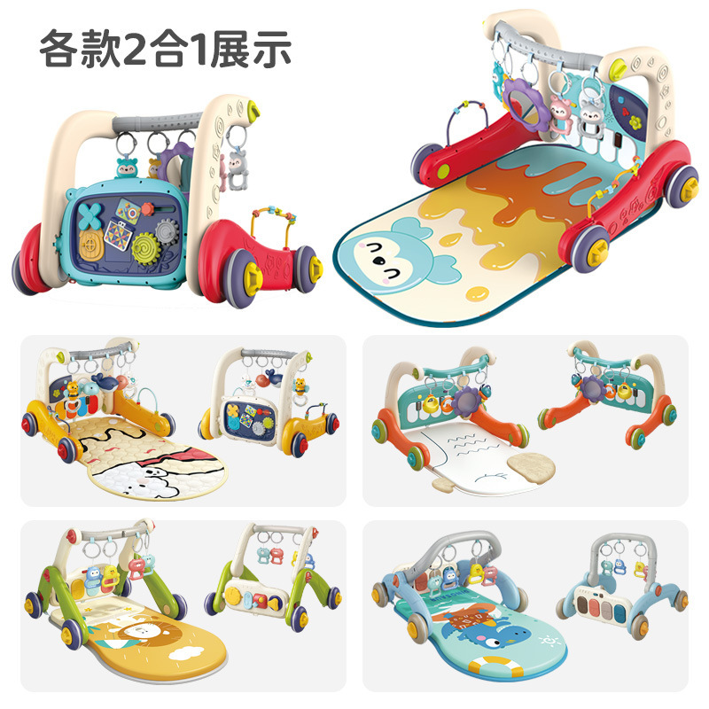 Nuevos productos transfronterizos bebés 2 en 1 estantes de gimnasio caminantes combinados juguetes para bebés recién nacidos pedal de música