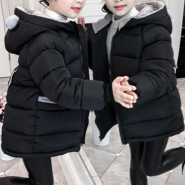 冬装洋气韩版加厚儿童中大童棉袄棉衣中长款女孩女童外套黑色棉服