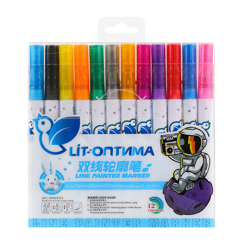 Doble línea de contorno pluma mano cuenta marca pluma Flash pluma marcador de metal oferta especial 12 traje de color plata Fondo pluma fluorescente