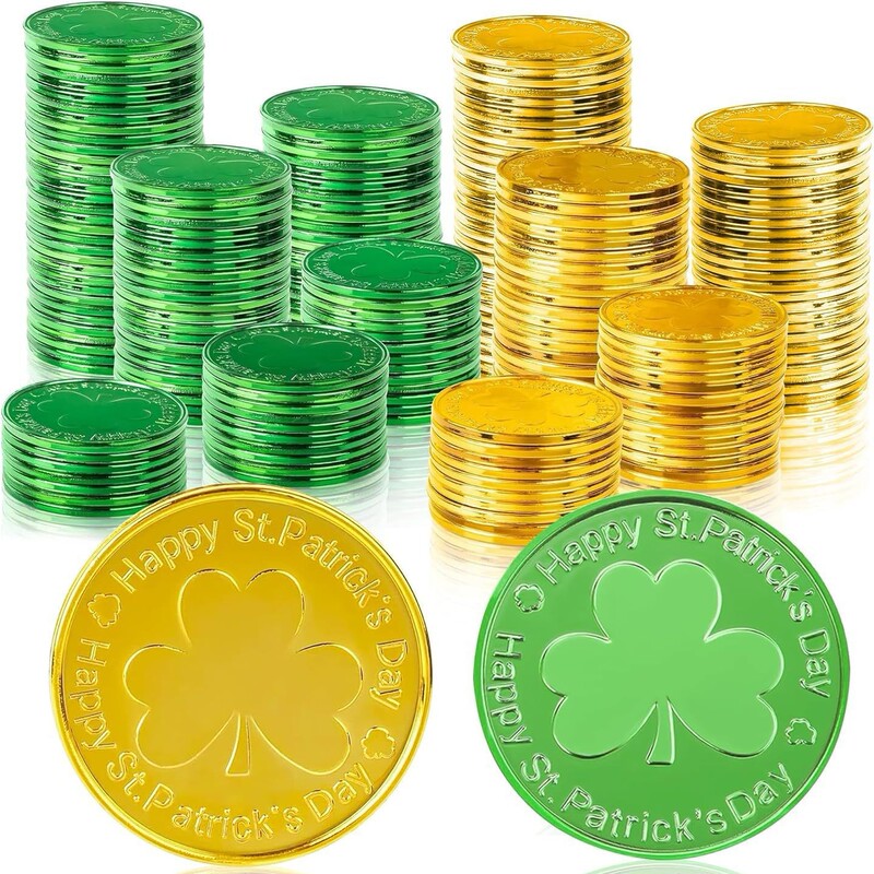 St Patrick's Holiday Lucky Coin Irish Green Clover Plastic Gold Coin Party Game Props