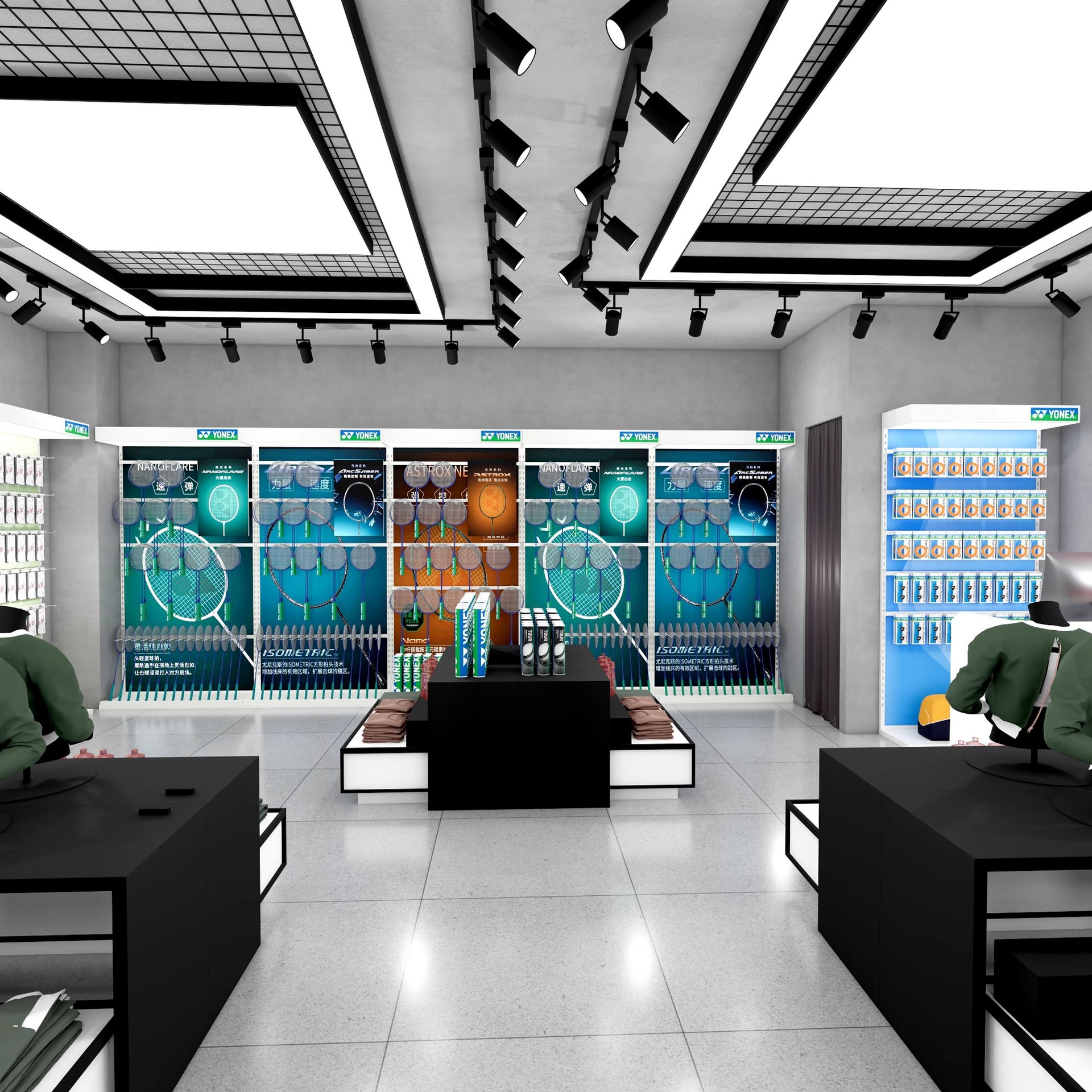 Rack de exhibición de artículos deportivos rack de exhibición de bádminton personalizado raqueta rack de isla rack de pared