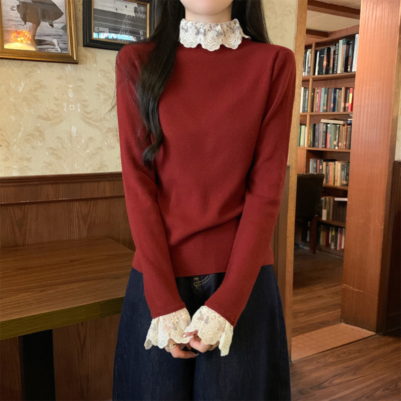Fashionable and Elegant Autumn and Winter Korean-Style High-Neck Lace-Trimmed Gentle Design Base Knit Sweater Andy Velvet Long-Sleeve Sweater for Women