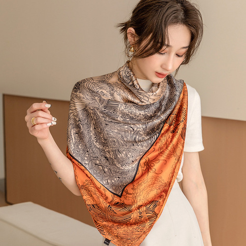 Xiaoxiang Spring and Autumn high-end imitation silk black and white 110 large square scarf Li brocade polyester scarf camellia sunscreen scarf for women