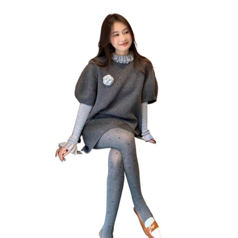 韓国系は早春の減齢洋気の美しいニットマントのベストシャツのファッションの2つのセットを組み合わせています。|undefined