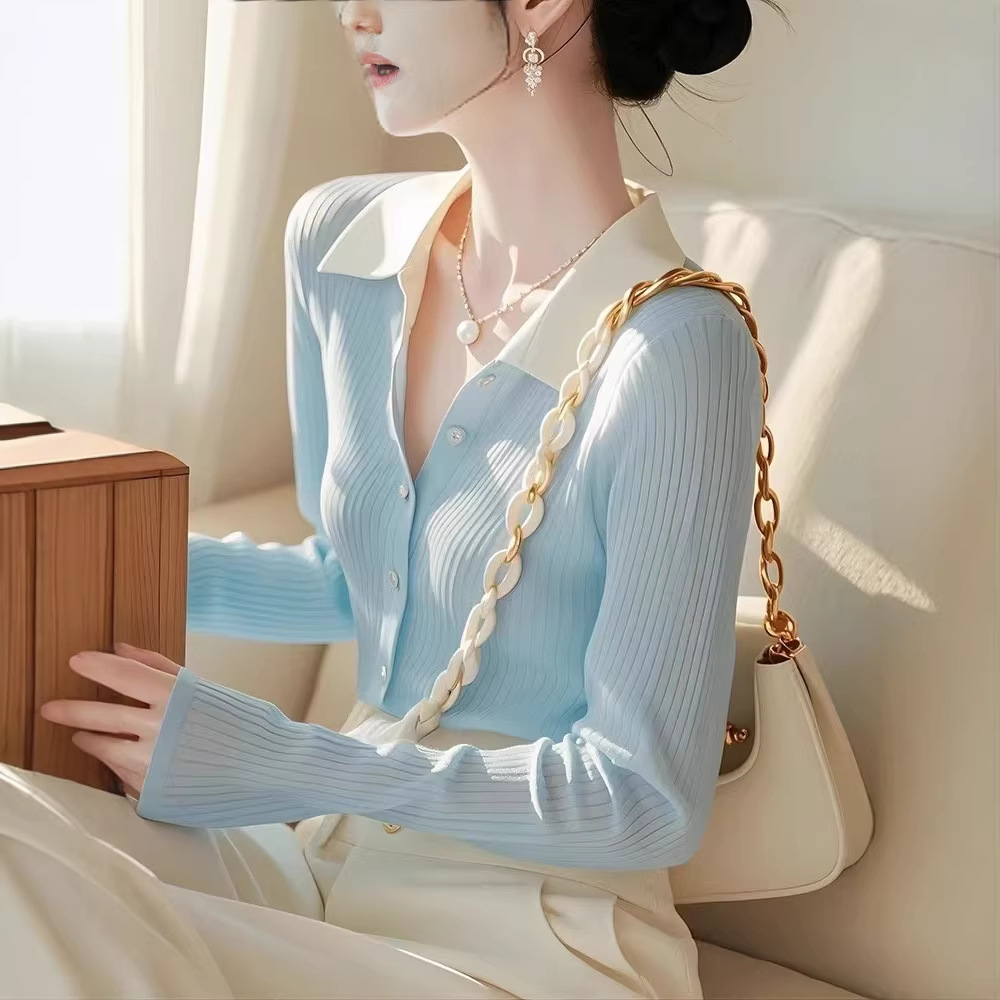 Áo len cardigan nữ tay dài phong cách Hàn Quốc thiết kế cổ chữ V — màu xanh nhạt chi tiết 3