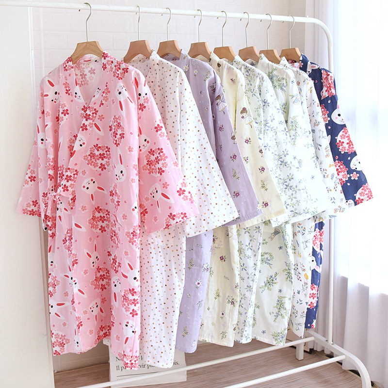 Lace-up Hanfu Spring and Summer Double Gauze Pure Cotton Kimono Nightgown Women's Thin Bathrobe Pure Cotton Sweatshirt Pajamas