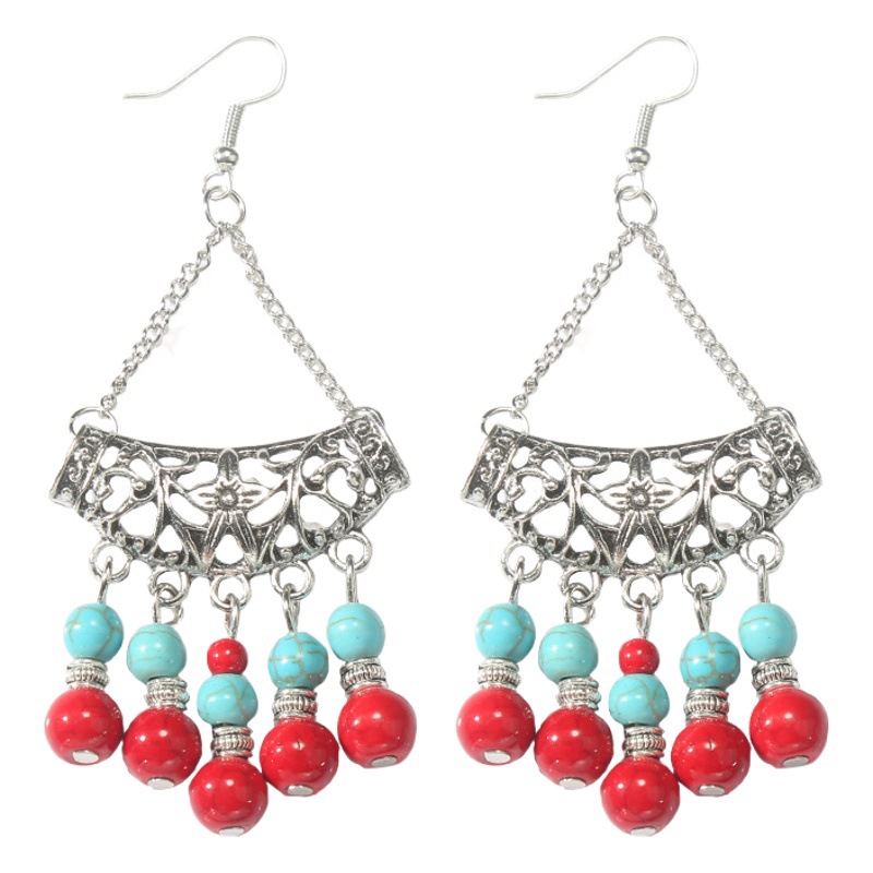 European and American Bohemian tassel turquoise earrings retro ethnic style earrings personality temperament Xizang ear jewelry