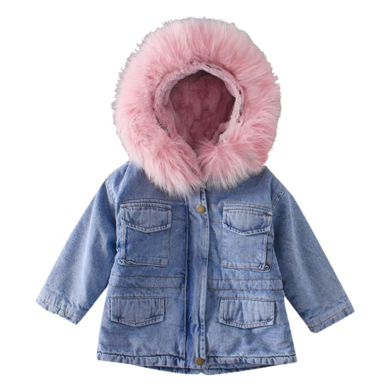 Niñas transfronterizas Denim Plus abrigo de terciopelo Otoño e Invierno ropa bebé chaqueta acolchada de algodón cuello de piel grande niños medianos y pequeños ropa de algodón engrosada moda