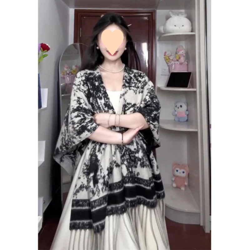 大码胖新中式水墨晕染披肩高级感吊带连衣裙富家千金感收腰长裙|undefined