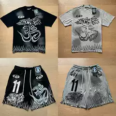 Cross-Border Nfc European and American Trendy Brand Real Shot Hell Digital Printing Street Retro American Trendy Printed Short-Sleeved T-Shirt Shorts Set