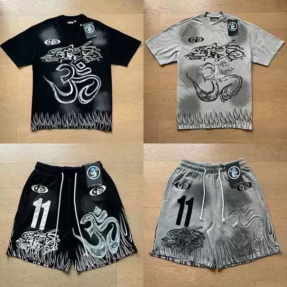 Cross-Border Nfc European and American Trendy Brand Real Shot Hell Digital Printing Street Retro American Trendy Printed Short-Sleeved T-Shirt Shorts Set