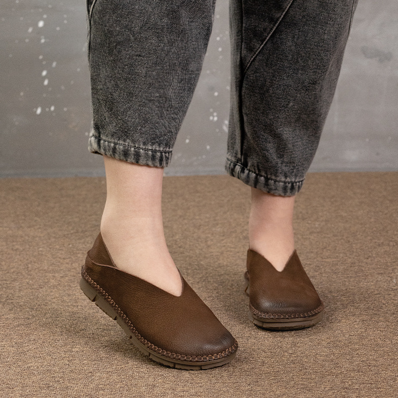 Handmade Genuine Leather Women's Shoes, Two-Way Wear Slippers, Soft Sole, Non-Slip, Comfortable, Slip-On Lazy Shoes_voghion.com